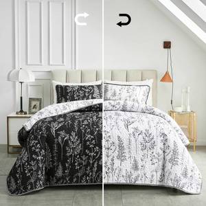 lot 19923 image: Joyreap 3 Pieces Quilt Set California King, 102x114 inches- Black n White Rversible Botanical Design, Smooth Soft Microfiber Quilt, Bedspread Bed Cover for All Season, 1 Quilt and 2 Pillow Shams