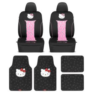 lot 19925 image: Hello Kitty Car Seat Covers - Cute and Durable Pink Front Seat Covers with 4PC Carpet Car Floor Mats - Universal Fit for Cars, SUVs & Trucks - Black with Red Bow & Hello Kitty Print