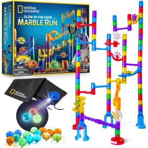 lot 19930 image: National Geographic Glowing Marble Run �� 115 Piece Construction Set with 25 Glow in The Dark Glass Marbles, Storage Bag, Great Creative STEM Toy for Girls and Boys