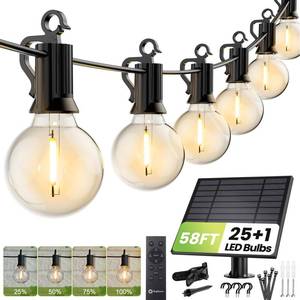 lot 19931 image: Brightown 58FT Solar String Lights Outdoor with Remote Cable Ties Hooks, 26 LED Shatterproof Bulbs, 3 Light Modes, Dimmer & Timer, Commercial Grade Patio Lights for Yard Balcony Pergola Party Decor