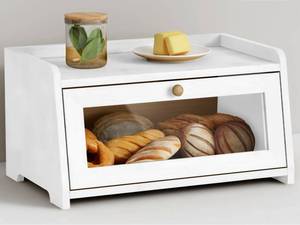 lot 19934 image: Goozii White Bread Box for Kitchen Countertop, Modern Counter Breadbox for Homemade Bread, Large Corner Bread Storage Container for Sourdough Loaf Organizers and Storage (White Bamboo Wood)