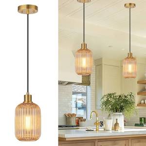 lot 19935 image: 2 Pack Amber Cylinder Pendant Lights Kitchen Island with Ribbed Lampshade, Brushed Gold Hanging Light Fixture, Adjustable Pendant Lighting for Kitchen Island Sink Dining Room (Bulbs Not Included)