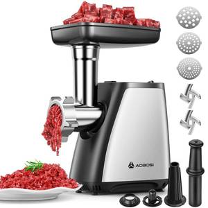 lot 19945 image: AAOBOSI Meat Grinder, 3-In-1 Meat Grinder Electric 2800W Max with 2 Blades,3 Plates,Sausage Stuffer,Kubbe Kit for Home Kitchen Use, Stainless Steel (used)