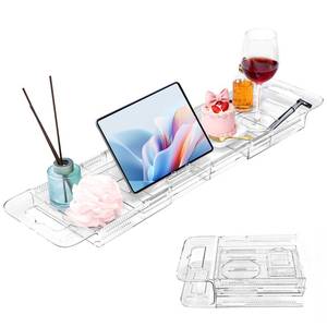 lot 19966 image: Expandable Clear Acrylic Bathtub Tray Caddy, Foldable Tub Bath Tray with Drain Slots, Slip-Resistant Waterproof Bathroom Shelf Caddy & Home Spa Gift for Women