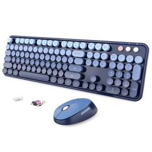 lot 19970 image: Wireless Keyboard and Mouse Combo, Ergonomic Full Size Typewriter Retro Round Keycaps Keyboard, Compatible with Windows, PC, Perfer for Home and Office Keyboards (Twilight Blue