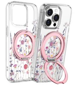 lot 20164 image: Loheckle for iPhone 14 Pro Max Case with Stand- Compatible with MagSafe Women Girls Cute Clear Girly Unique Design Soft TPU Magnetic Ring Phone Cover for Apple 14 Promax, Purple Flower