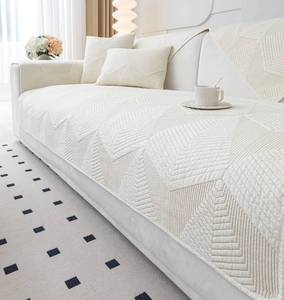 lot 20167 image: vctops Farmhouse Solid Color Embroidery Sofa Couch Cover Cotton Quilted Sectional Couch Covers Washable Non Slip Sofa Slipcover for Dogs, Children, Pets Furniture Protector (Cream,28x28)