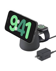 lot 20185 image: Belkin 2-in-1 MagSafe Wireless Charging Dock 15W Fast Charge iPhone Charger Compatible with iPhone 17, 16, 15, and 14 Series, AirPods, Pixel 10, and Other MagSafe Enabled Devices, PSU Included - Black