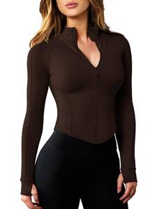 lot 20214 image: AVGO Womens Cropped Workout Jackets Lightweight Zip Up Jacket Slim Fit Athletic Tops with Thumb Holes (Roasted Brown, Small)