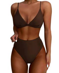 lot 20238 image: SUUKSESS Women Sexy High Waisted Two Piece Bikini Sets Triangle High Cut Swimsuit Push Up Bathing Suit (Dark Brown, M)