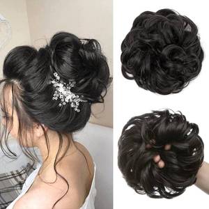 lot 20252 image: CJL HAIR Large Messy Bun Hair Piece Wavy Curly Scrunchies Synthetic Chignon Ponytail Hair Extensions Thick Updo Hairpieces for Women Off Black