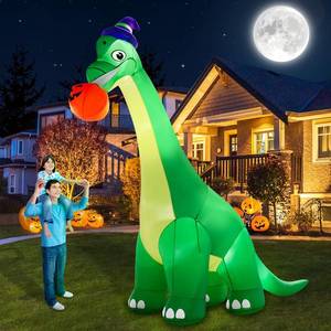 lot 1548 image: zukakii 13Ft Giant Halloween Dinosaur Inflatable Decorations, Bite Large Pumpkin with Witch Hat Build-in LED Light Strong Blower Huge Blow Up Yard Clearance Decor for Outdoor Indoor Holiday Party Yard