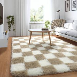 lot 2408 image: KICMOR 3x5 Rugs for Bedroom Bedside, Soft Fluffy Checkered Shag Area Rug Small Living Room Carpet, Beige and Cream White Fuzzy Shaggy Throw Rug for Kids Boys Girls Dorm Nursery Home Decor Aesthetic