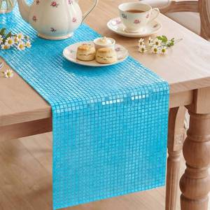 lot 2440 image: Artoid Mode Light Blue Glitter Disco Sequin Table Runner, Retro Theme Kitchen Dining Table Decoration for Bachelorette Home Party Wedding Decor 12x72 Inch