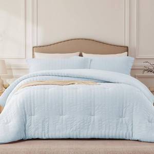 lot 3060 image: Quataly SkyBlue Queen Comforter Set - 3 Pieces Seersucker Lightweight Bedding Comforter Sets (1 Soft Fluffy Comforter and 2 Pillowcases) - All Seasons Cozy Modern Bed Sets