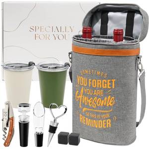 lot 3069 image: Wine Cooler Bag Gift Set with 2 Tumblers, Insulated Portable Wine Carrier Holds 2 Bottles, Perfect for Outdoor Use, Ideal Easter Birthday Anniversary Gift for Women and Men Wine Lovers