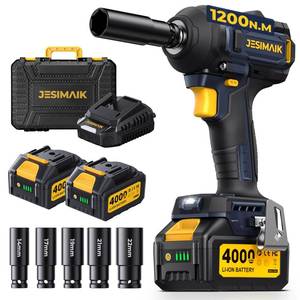 lot 3084 image: JESIMAIK Cordless Impact Wrench, 900Ft-lbs (1200N.m) 12in Brushless Impact Gun, 21V High Torque Impact Gun with 24.0Ah Batteries, 4 Variable Speeds, 5 Sockets, Impact Driver for CarPickupMower