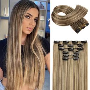 lot 4122 image: FLUFYMOOZ 6PC Clip in Hair Extensions 24in Straight Long Extensions for Women Synthetic Hairpiece (Brown with Blonde Highlights)