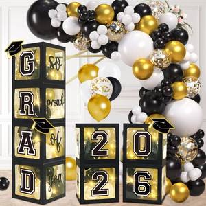 lot 4148 image: DAZONGE 2026 Graduation Decorations Black and Gold - Set of 4 Grad Boxes with 139pcs Balloon Arch Garland Kit and 4 Light Strings - So Proud of You 2026 Graduation Party Decorations for Any Grades