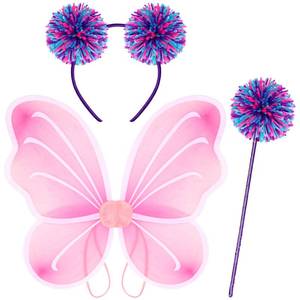 lot 4181 image: 3 Pcs Pink and Purple Costume Set, Fairy Butterfly Wings with Pom Headband Bopper Pom Wand, Halloween Cosplay Accessories