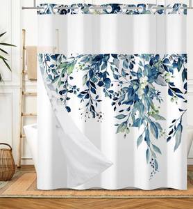 lot 4182 image: DASHAN No Hook Shower Curtain with Snap in Liner, Blue Leaf Shower Curtains for Bathroom, Plant Botanical Bathroom Curtain Teal Leaves Fabric Bath Curtains 71inx74in