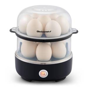 lot 5990 image: Elite Gourmet EGC1215B Easy Egg Cooker, Stainless-steel Heating Plate, Two-Tiered, 14-Egg Capacity, Soft, Medium, Hard-Boiled, Auto Shut-Off, Omelets, Poached Eggs, Measuring Cup, Piercing Pin, Black