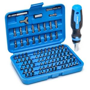 lot 5996 image: NEIKO 10082A Security Bit Set and Ratcheting Screwdriver  101 Piece Set  Chrome Vanadium Steel  Screwdriver Bit Set Phillips, Tamperproof Torx Bits, and Flat  14in Hex Shank Magnetic Bit Holder incomplete