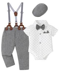 lot 6157 image: CocoandRARA Baby Boy Clothes Suits Infant Tuxedo Gentleman Dress Shirt With Bowtie Beret Suspender Pants Outfit Sets (Grey, 6-12M)