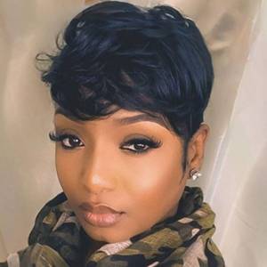lot 6158 image: MOONSHOW Short Human Hair Wigs for Black Women Pixie Cut Wig Human Hair Black Short Curly Wigs Human Hair Wigs with Bangs Pixie Cut Wigs for Black Women Black Curly Wig