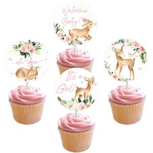 lot 6175 image: A24 Pieces Oh Deer Cupcake Toppers for Girl, Pink Deer Baby Shower Decorations, Welcome Baby Cupcake Picks Cake Party Supplies