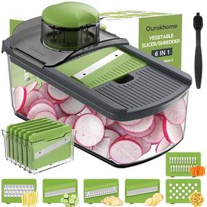 lot 6186 image: Ourokhome Mandolin Slicer for Kitchen Food, Hand Safe Vegetable Shredder with 6 Mandoline Blades, Veggie Waffle Cutter for Potato, Carrot, Zucchini, Onion, Essential Kitchen Gadgets (6 in 1, Gray)