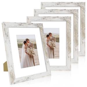 lot 6251 image: Hongkee 8x10 Picture Frame Set of 4, Made of Real Glass and Distressed White Wooden Frame, 8 by 10 Photo for Wall or Tabletop - Display Picture 5x7 with Mat or 8x10 Without Mat