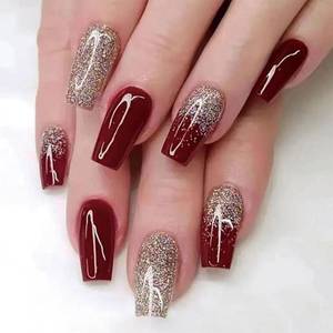 lot 6254 image: SINHOT Red Press on Nails - Medium Coffin Glossy Glue on Acrylic Gold Glitter Ballerina Artificial Stick on False Nails with Design - 24 pcs