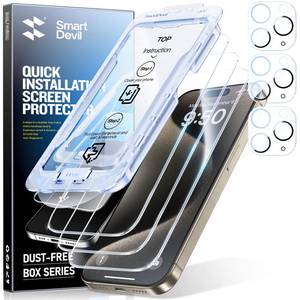 lot 6302 image: SMARTDEVIL 3-Pack Screen Protector for iPhone 15 Pro Max with 3-Pack Camera Lens Protector, Clear 9H Tempered Glass Film, Super Fast Installation (Dust-Free and Bubble-Free), Alignment Tool