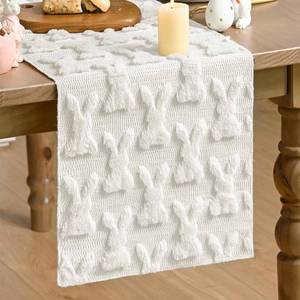 lot 8224 image: Artoid Mode White Soft Plush Faux Fur Jacquard Bunny Rabbit Easter Table Runner, Seasonal Kitchen Dining Table Decoration for Home Party Decor 13x72 Inch