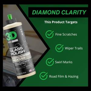 lot 8239 image: 3D Glass Polish � Cerium-Oxide Based Window Polish, Light and Fine Glass Scratch Remover for Car Windows � Restores Clarity and Removes Wiper Marks, Swirls, Water Spots - 16oz