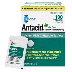 lot 8241 image: Globe Chewable Mint Antacid Tablets for Acid Indigestion, Heartburn, and Upset Stomach - 50 Packets of 2 Tablets Each, 100 Count. Made in The USA