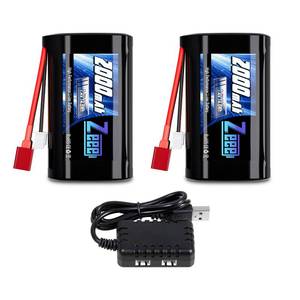 lot 8243 image: Zeee 2S Li-ion Battery 2000mAh 7.4V T Connector with 7.4V Battery Charger Compatible with 110, 112, 116 Scale RC Cars 4WD High Speed RC Boat Trucks(2 Pack)