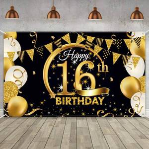 lot 8255 image: Blulu Birthday Party Decoration Extra Large Fabric Black Gold Sign Poster for Anniversary Photo Booth Backdrop Background Banner, Birthday Party Supplies, 72.8 x 43.3 Inch (16th)