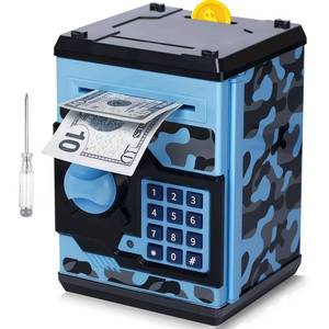 lot 9900 image: ATM Piggy Bank for Boys Girls, Vcertcpl Mini ATM Coin Bank Money Saving Box with Password, Kids Safe Money Jar for Adults with Auto Grab Bill Slot, Great Gift Toy Bank for Kids (Camouflage BlueGray)