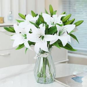 lot 9904 image: Hananona 8 Pcs Artificial Tiger Lily Real Touch Easter Lily Fake Spring Flowers for Wedding Home Party Easter Decoration Plastic Cemetery Faux Flowers (White, 8)