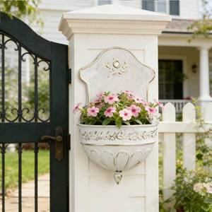 lot 9921 image: Vintage Distressed White Metal Wall Planter, Rustic Hanging Pocket Planter with Scrollwork and Scalloped Design, Farmhouse Wall Decor for Indoor and Covered Outdoor Garden, Porch and Entryway (White Gold)