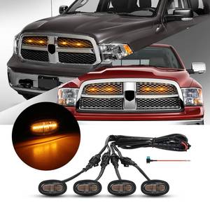 lot 10472 image: FICOLPO 4 Pcs Led Grill Lights Compatible with 2013-2018 RAM 1500 and 2019-2024 RAM 1500 Classic - LED Front Grille Lights Accessories with Fuse and Harness (Amber Light Black Shell)