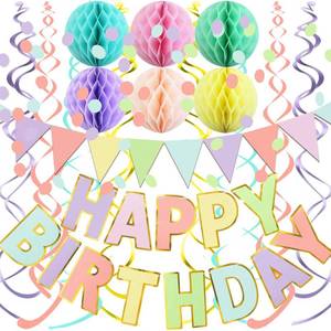 lot 10480 image: Fecedy Macaron Superlarge Alphabet Happy Birthday Banner Colorful Flag Bunting Circle Confetti Garland Swirl Streamers Honeycomb Ball for Birthday Party Decorations