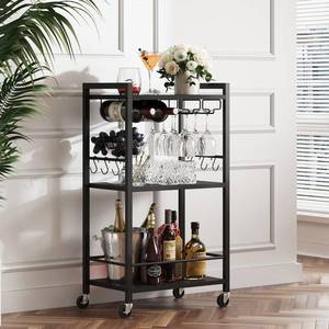 lot 11010 image: TUTOTAK Bar Cart, Home Bar Serving Cart with 3-Tier Shelf, Drink Cart with Wine Rack, Glass Holder, Rolling bar carts for The Home, Living Room, Brown V1BC01BK035