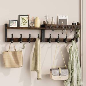 lot 11973 image: Evermagin 35in Coat Rack Wall Mount with Shelf, 4 in 1 Coat and Key Hanger with 13 Metal Hooks, Entryway Wall Mounted Shelf with Mail Holder for Living Room, Bedroom, Rustic Brown