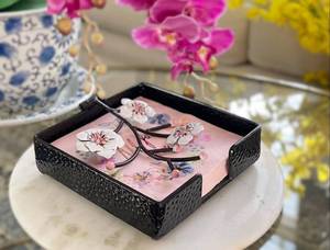 lot 11975 image: Chez Juju Black Flat Square Napkin Holder with White Pink Orchid Blooms  Orchid Flowers Metal Hinged Weighted Arm  Serviette Paper Hand Towel Storage Caddy Tray Organizer Dispenser  Home Restaurant