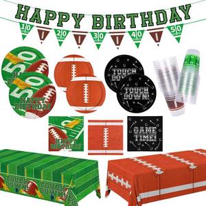 lot 12004 image: Football Birthday Party Decorations Kit for 24 Football Party Supplies Set with Plates, Dessert Plates, Napkins, Cups, Banner and Touchdown Tablecloth - for Football Tailgate Party Decorations