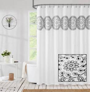 lot 12039 image: Jubilantex White Embroidered Shower Curtain for Bathroom, Black and White Boho Farmhouse Floral Decorative Waterproof Rustic Style Water Resistant Bath Room Curtain Fabric for Spa Hotel, 70x72 Inches