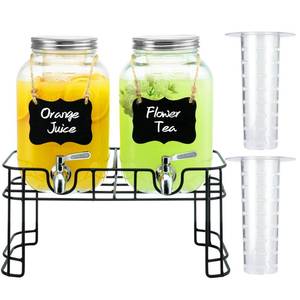 lot 13323 image: 1 Gallon Glass Drink Dispensers for Parties, 2PACK Beverage Dispenser with Stand, Ice Cylinder and Stainless Steel Spigot 100percent Leakproof, Beverage Dispenser for Lemonade Sun Tea